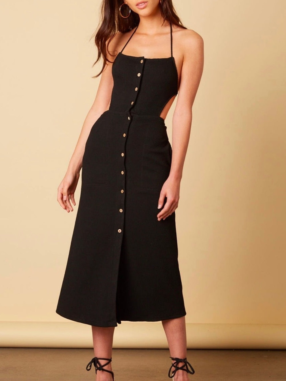 American Threads Button Down Midi Open-Back Dress